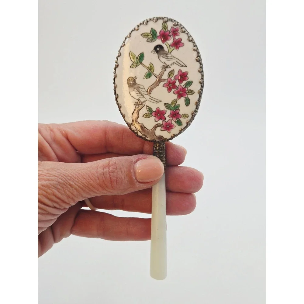 Vintage Hand Painted Chinese Porcelain Hand Mirror Jade Style Handle Bird Floral